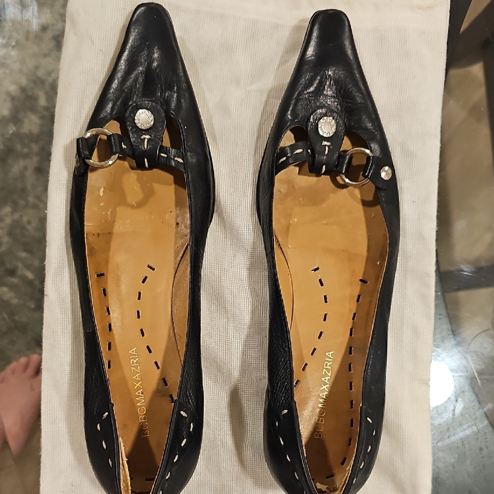 BCBGMaxAzria Black Leather Flats with Silver Accents